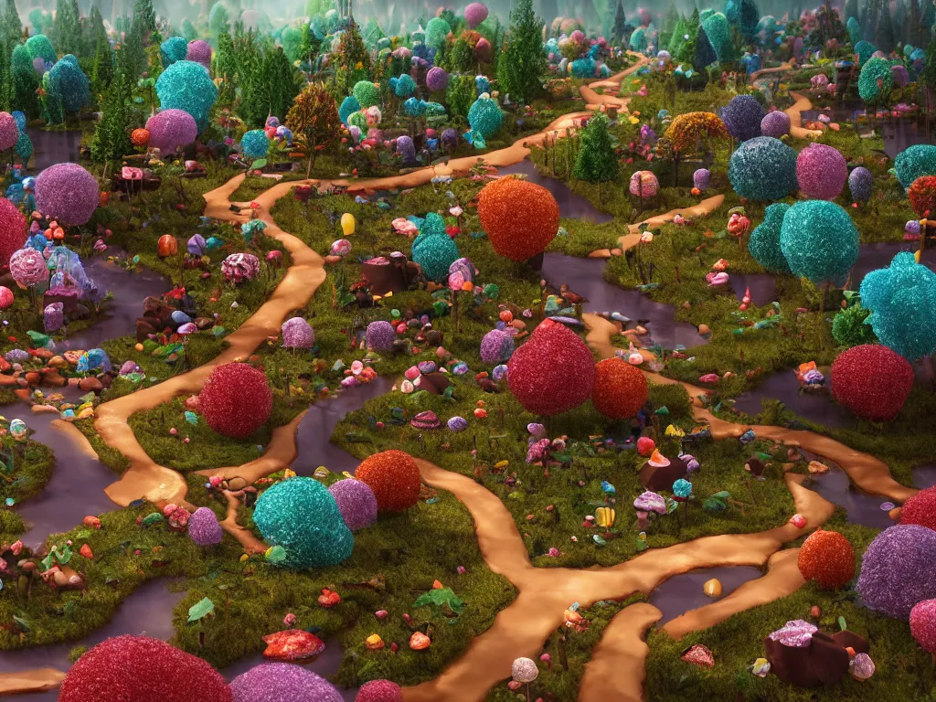 Image similar to an ultra realistic dream landscape of a chocolate river, trees made of candies, cotton candy bushes roads made of buiscuits, fairy landscape, octane render, fairytail, unreal engine, 4 k, masterpiece, tilt shift, david lachapelle, alice in wonderland, trending on artstation,