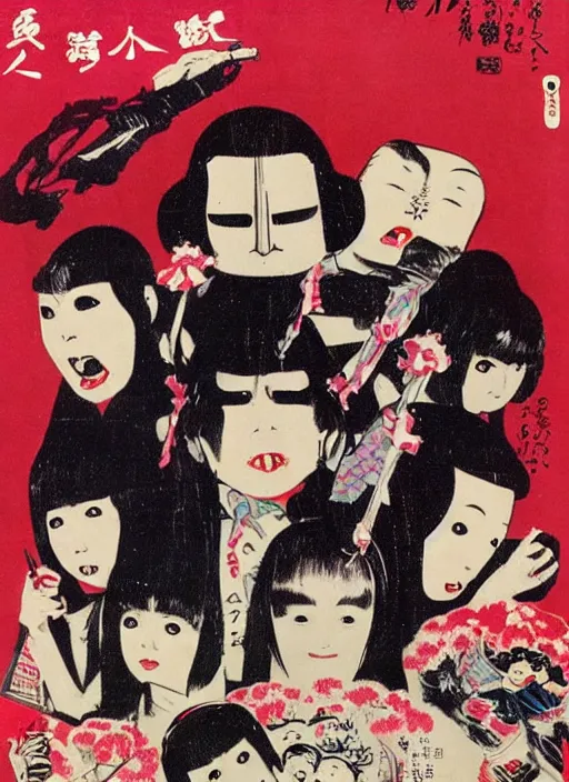 Image similar to vintage japanese movie poster with mutated nightmarish creatures, from a 1 9 8 0 s japanese horror movie