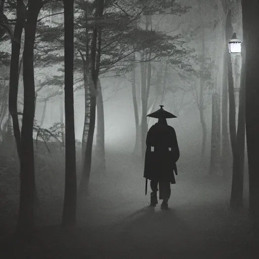 Image similar to a samurai walks with friends through the woods at night, gloomy, dark, foggy, night, ominous, dark color, atmospheric, cinematic lighting, intricate detail?