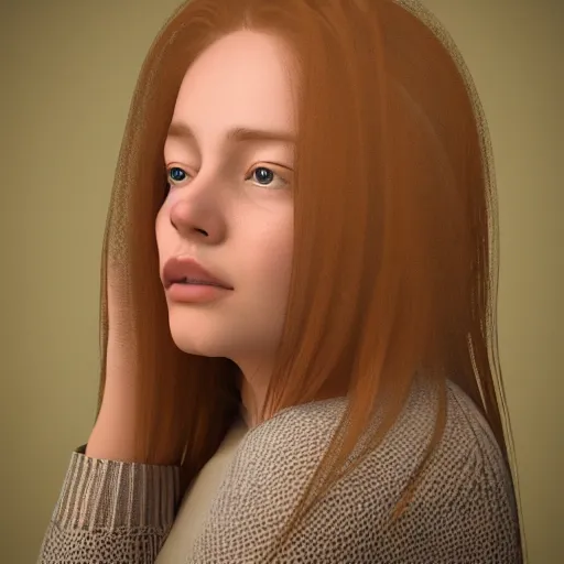 Prompt: young woman with flowing hair dressed in a comfortable sweater, rendered in octane, photorealism