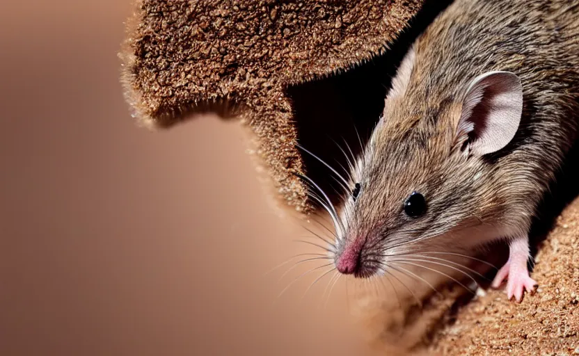 Image similar to a small desert mouse riding on the back of the giant sandworm, macro photography