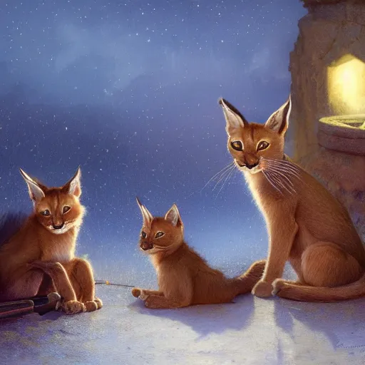 Prompt: three cute caracals wearing red bows and ties with guitar, campfire, night, atmospheric lighting, intricate, volumetric lighting, digital art, highly detailed by gaston bussiere, craig mullins, j. c. leyendecker 8 k