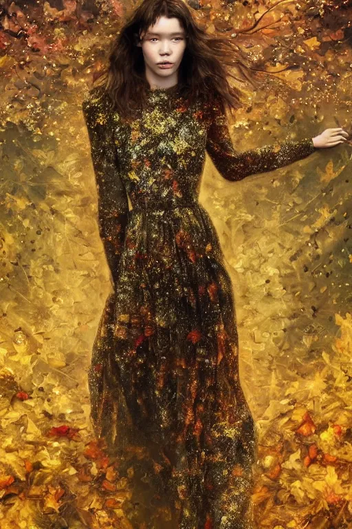 Prompt: masterwork full body portrait of astrid berges frisbey. digital illustration. wearing a dress made out of stars. resting on a background of autumn leaves. fluid, dreamy, ethereal, vivid colours. sharp focus. highly detailed face. wow! cinematic lighting. trending on artstation. cgsociety.