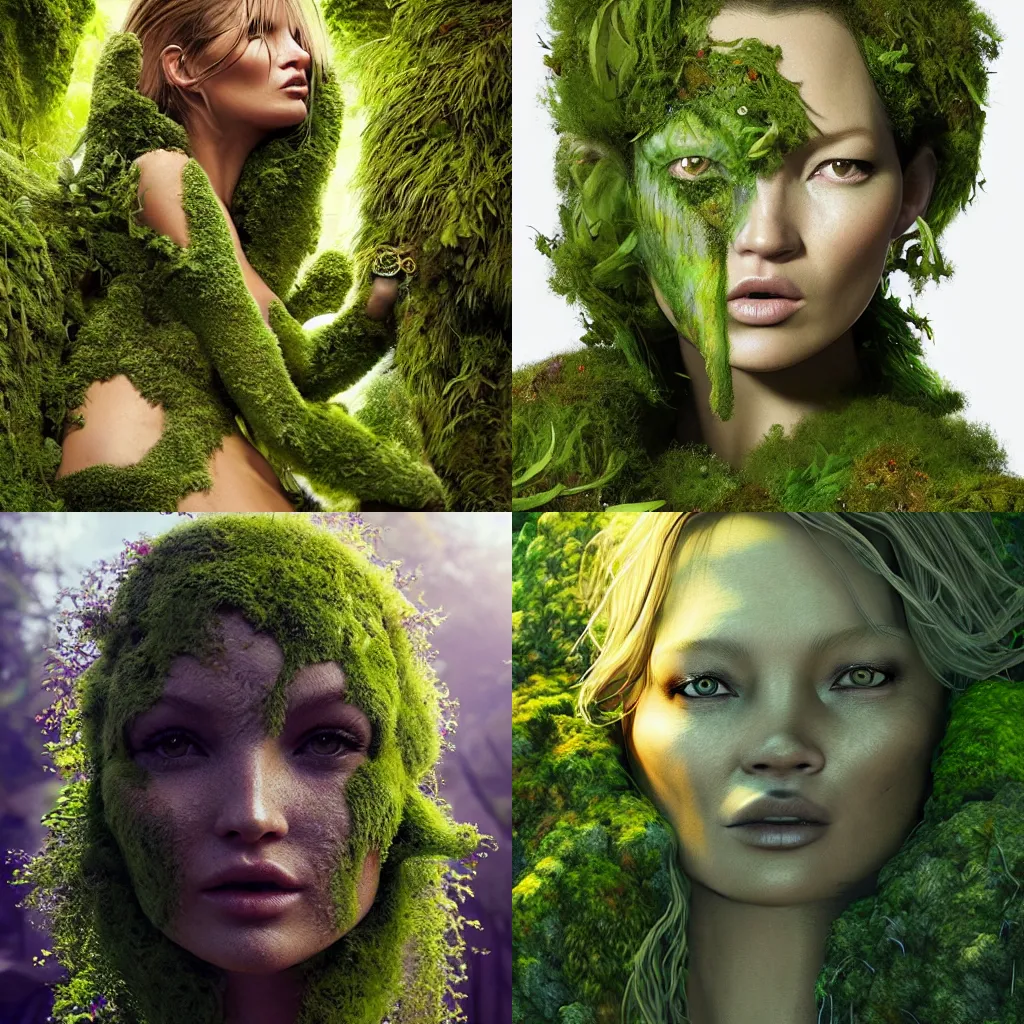 Prompt: tropical mossy face reminiscent on kate moss with moss growing face and head, like mossy garden, intricate, epic lighting, cinematic composition, hyper realistic, 8k resolution, unreal engine 5, by Artgerm, tooth wu, dan mumford, beeple, wlop, rossdraws, James Jean, Andrei Riabovitchev, Marc Simonetti, yoshitaka Amano, Artstation