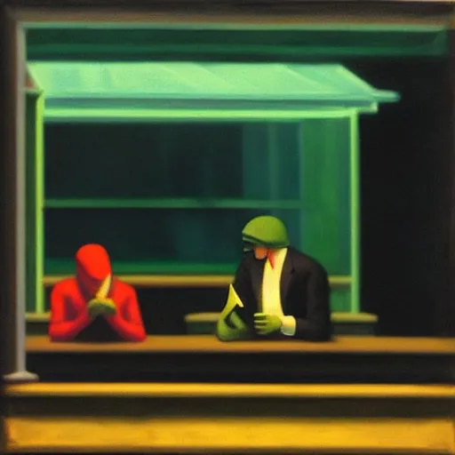 Image similar to “ nighthawks by edward hopper, but with aliens in the cafe.