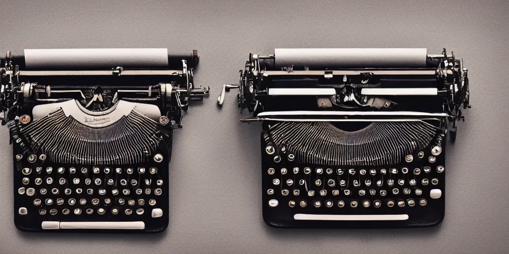 Prompt: an old detailed top - down photograph of an old typewriter on a table, paper, pen, warm night light, 8 k