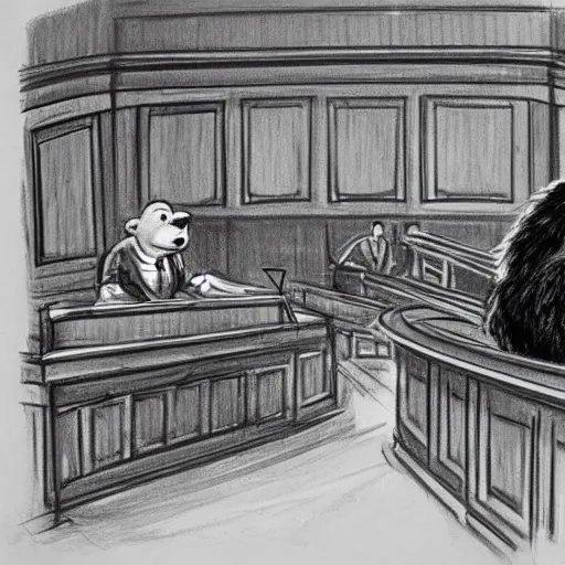 Image similar to detailed background courtroom sketch of vintage disney character bear the gambler presenting evidence of copyright infringement to the judge bench court room wooden serious dark tone
