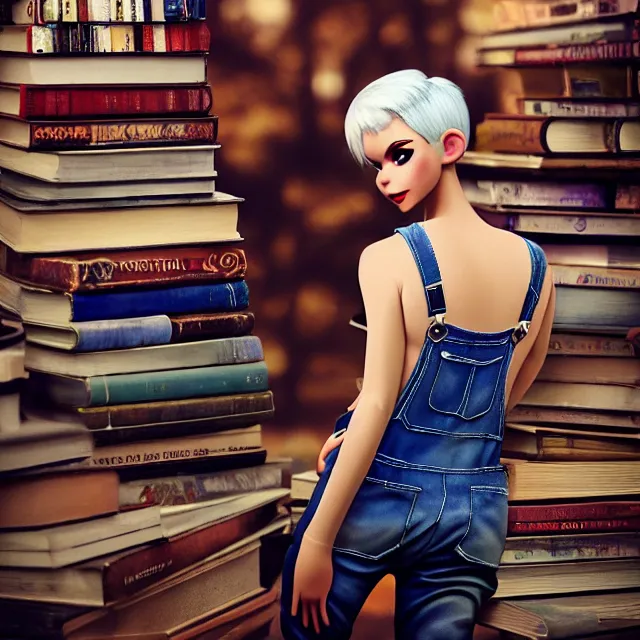 Image similar to full body pose, beautiful adult book fairy, pixar, short white hair shaved sides, dirty, grungy, grunge, long sleeve, painted overalls, stacks of giant books, highly detailed, 4 k, hdr, smooth, sharp focus, high resolution, award - winning photo, artgerm, photorealistic