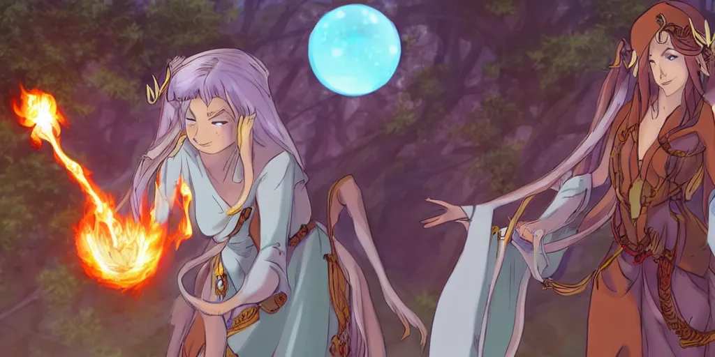 Prompt: a beautiful elven princess casting a fireball anime style