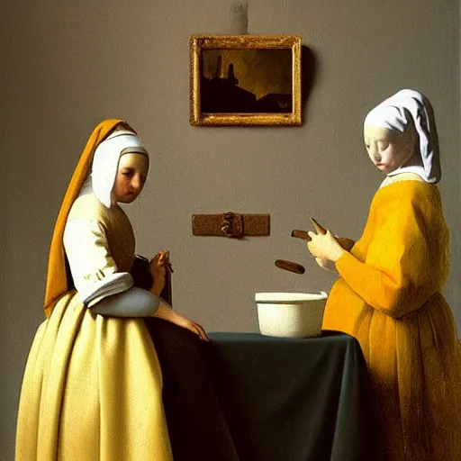 Prompt: 3 mary's, painting by vermeer