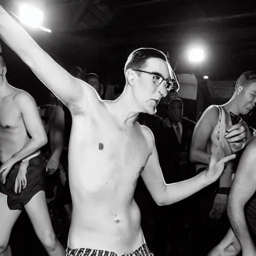 Prompt: jacob rees - mogg dancing shirtless at a rave, dramatic angle