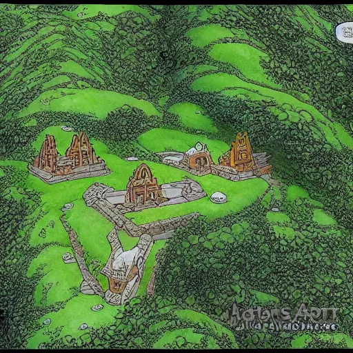 Image similar to Drone view of hobbit monastery on Hawai'i. Patrick Stewart as abbott, in the style of Jim Woodring, moebius