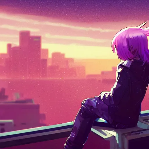 Prompt: android mechanical cyborg anime girl child overlooking overcrowded urban dystopia sitting. Pastel pink clouds baby blue sky. Gigantic future city. Raining. Makoto Shinkai. Wide angle. Distant shot. Purple sunset. Sunset ocean reflection. Pink hair. Pink and white hoodie. Cyberpunk. featured on artstation. robotic wired knee. white sweater.