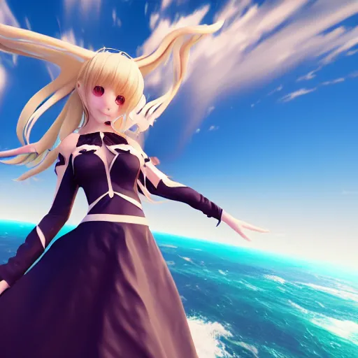 Prompt: a very beautiful and evil 3d anime girl flying over sea, unreal engine 5 4k render, hazler eyes, cute smile, trending on artstation, medium shot, long blonde hair