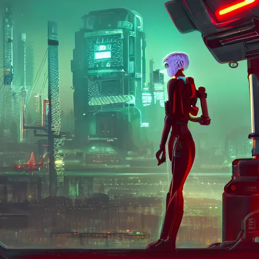 Image similar to character with short white hair, robotic arm, city in background, neonpunk, dystopian, scifi, intricate, detailed red lighting, concept art, trending on artstation