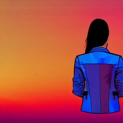 Image similar to a woman with light blue shutter shades in front of a sunset, a dark brown leather jacket, one side brown haircut with blue ends, vector art by jan tengnagel, pixabay contest winner, retrofuturism, retrowave, synthwave, outrun, portrait, synthwave