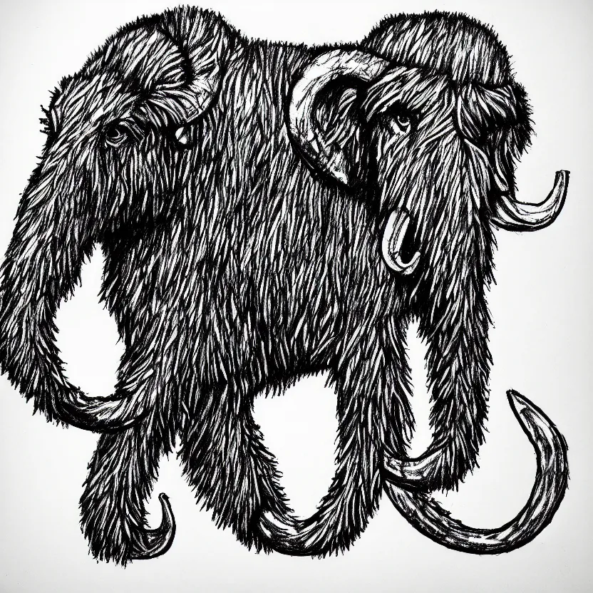 Image similar to stylized wooly mammoth sports logo sketch, pen drawing, black and white