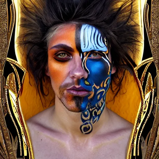 Image similar to an award finning closeup facial portrait by akseli kallen gallela luis rogyo and john howe of a bohemian male cyberpunk traveller clothed in excessivelyg fashionable 8 0 s haute couture fashion and wearing ornate art nouveau body paint