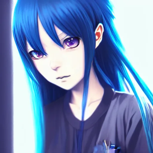 Prompt: rimuru, long blue hair, anime girl, bangs, gothic, anime character, noir, screenshot, sharp focus, intricate, illustration, cell shaded, digital painting, highly detailed, matte, art by ilya kuvshinov, unreal engine 5, wlop, greg rutkowski, studio quality, james jean, artem demura