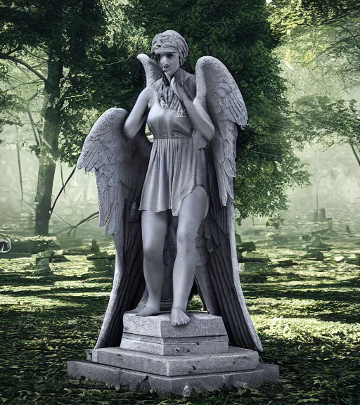 Image similar to weeping angel statue in graveyard surrounded by beautiful forest, vintage film photo, cgsociety, octane render, trending on artstation, artstationHD, artstationHQ, unreal engine, 4k, 8k