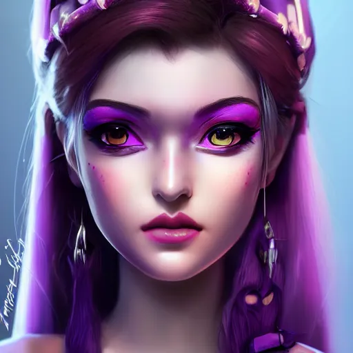 Prompt: widowmaker as a young princess with purple skin, digital art by julia razumova and mel milton, dramatic soft lighting, gloss effects, and exaggerated proportions trending on artstation, shiny eyes, lipgloss, portrait, closeup, cute freckles
