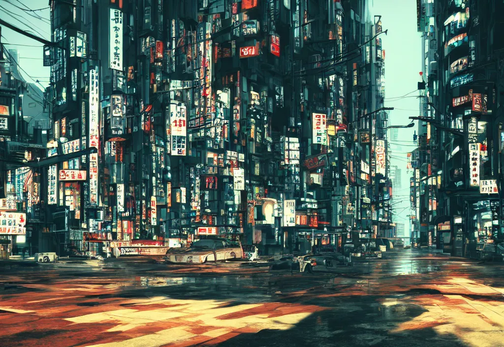 Image similar to tokyo streets cyberpunk style max payne blood trending on artstation cinematic realistic buildings windows cars peoples detailed golden ratio awesome composition color balance harmony physical correct light shadows octnae render 8 k