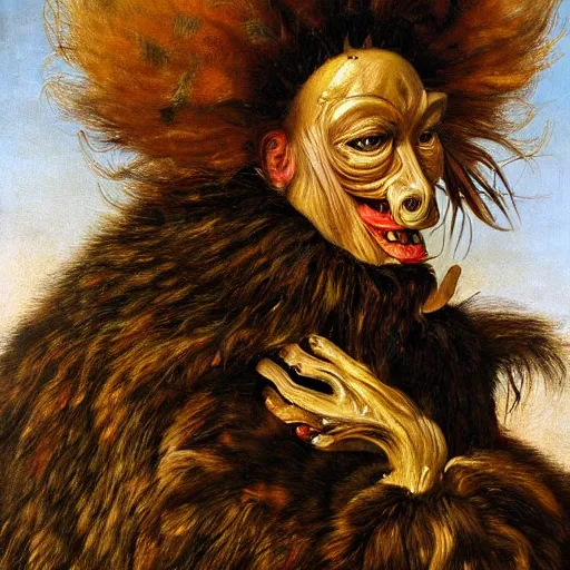 Image similar to disturbing dutch golden age oil painting by christian rex van minnen portrait of an extremely bizarre mutated grotesque proteus syndrome woman wearing fancy fur and jewels with intense chiaroscuro lighting cast shadows perfect composition masterpiece