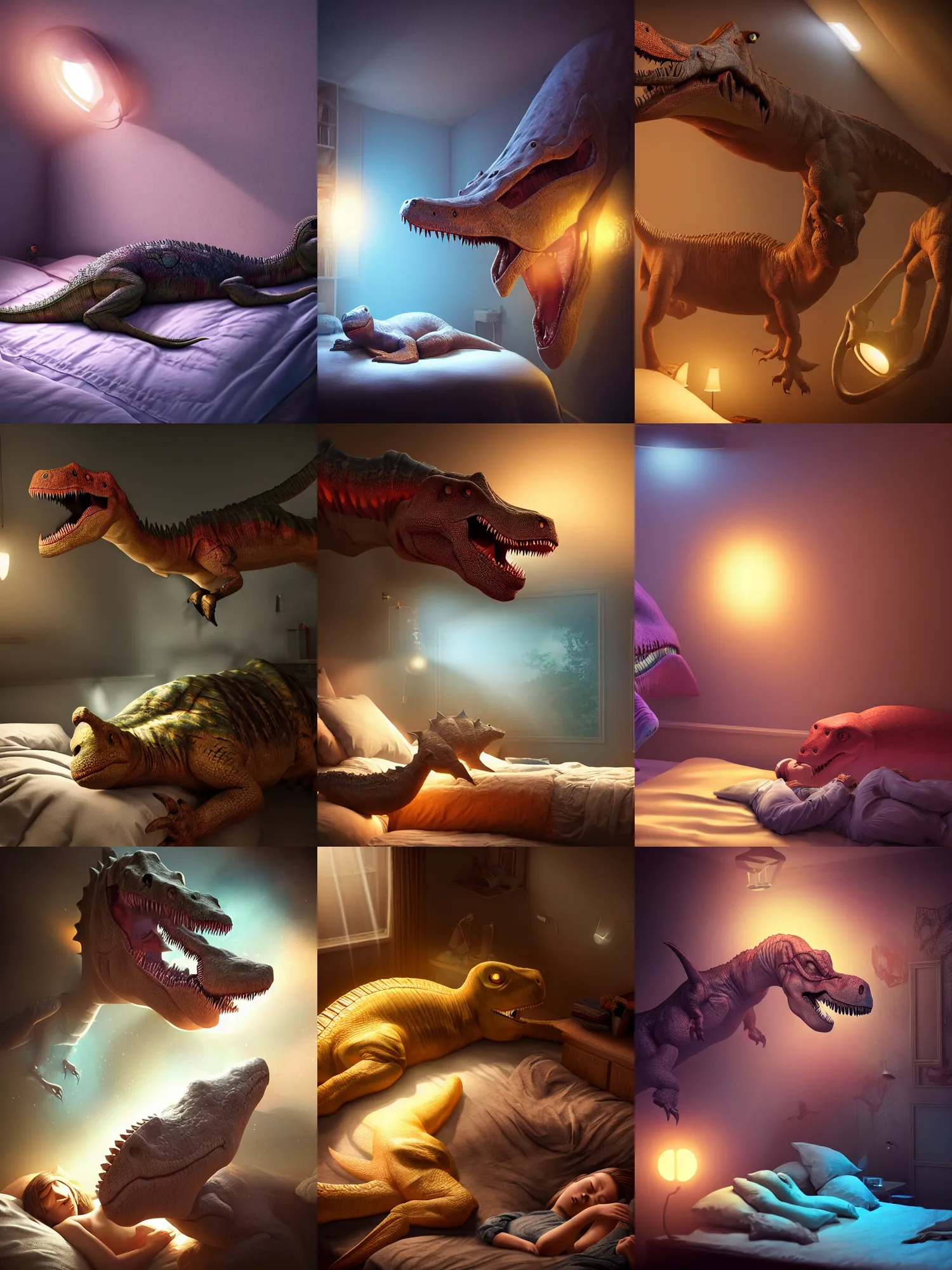 Image similar to sleeping!!!!! dinosaur in bed!!!!!, ultra realistic, lens flare, atmosphere, glow, detailed, intricate, full of colour, cinematic lighting, trending on artstation, 4 k, hyperrealistic, focused, extreme details, unreal engine 5, cinematic, masterpiece