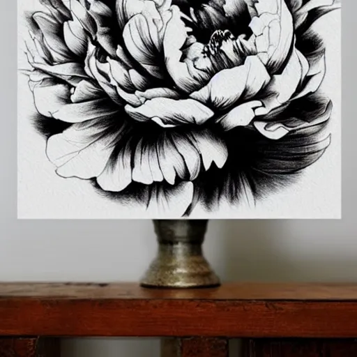 Image similar to peony, aesthetic, botanical art, boho, black ink on white paper