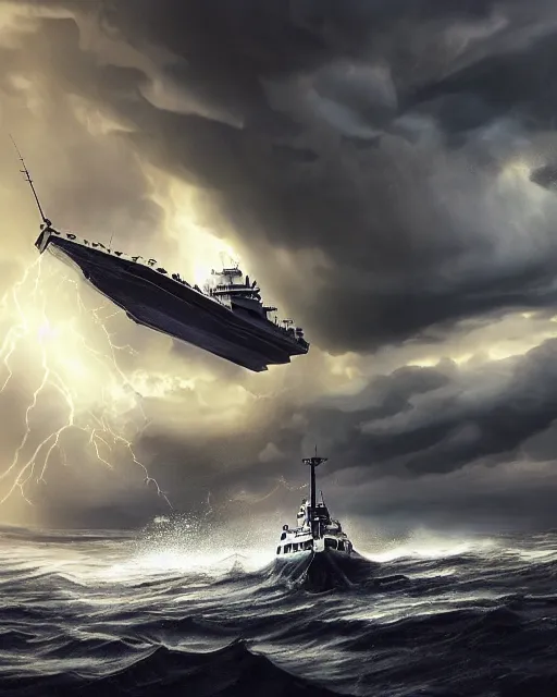 Image similar to a fishing boat on stormy seas, a gigantic star destroyer spaceship flying overhead, the gigantic star destroyer spaceship is emerging from storm clouds, sunset lighting, stormy weather, dramatic lighting, lightning, unreal engine, hyper realism, realistic shading, cinematic composition, realistic render, octane render, detailed textures, photorealistic, ultrawide shot, 1 6 mm lens