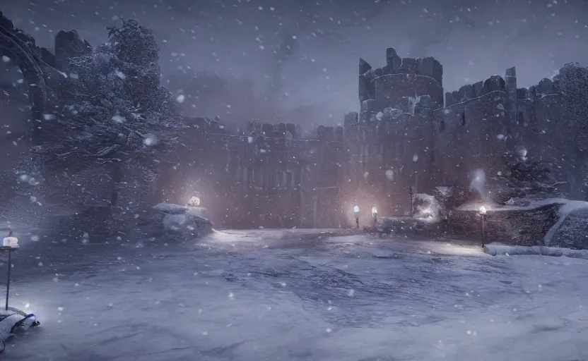 Prompt: winterfell in the snowstorm, doomy, Unreal Engine, cinematic photography, highly-detailed, games of thrones, HBO, high resolution, 8k, photorealistic, stunning volumetric lighting