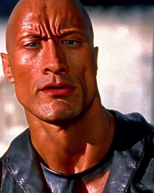 Image similar to Film still close-up shot of Dwayne Johnson as the T-1000 from the movie Terminator 2. Photographic, photography