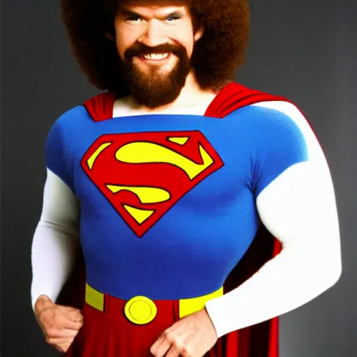 Prompt: bob ross dressed up as superman