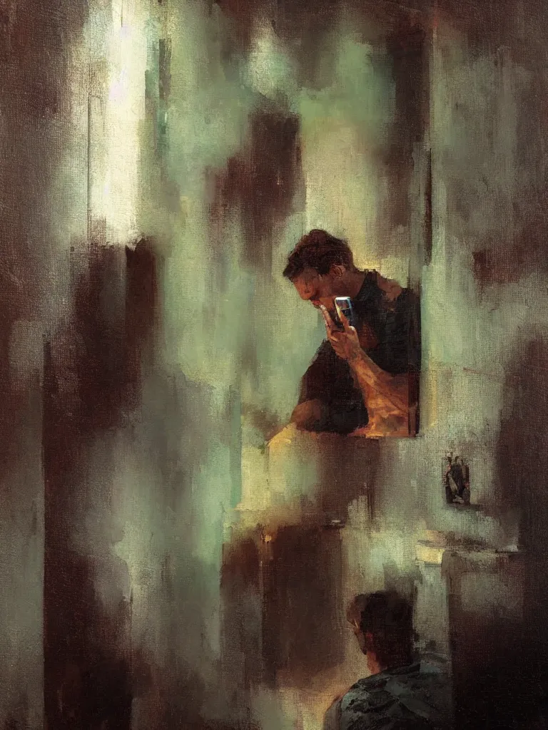 Image similar to a beautiful glitched oil painting of a man looking at his phone in a bathroom, by christian hook, color bleeding, brushstrokes by jeremy mann, cold top lighting