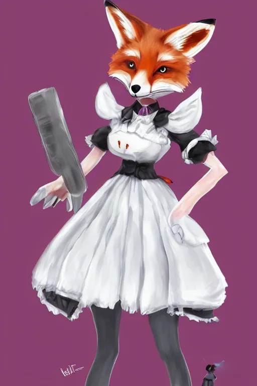 Image similar to a fox fursona wearing a maid outfit, highly detailed, digital art, trending on artstation, furry art