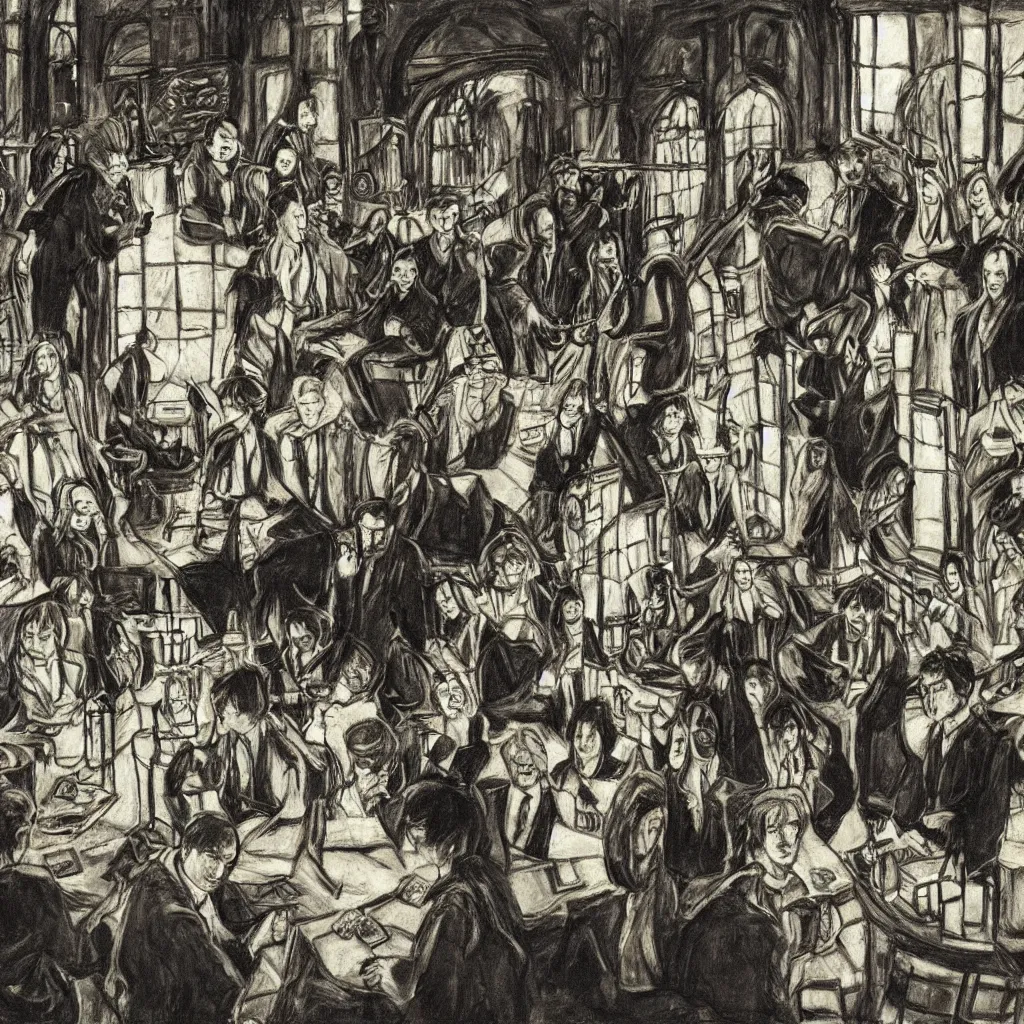 Prompt: Harry Potter in the Hogwarts common room, drawn by Mikhail Vrubel