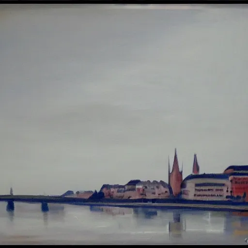 Image similar to very abstract painting of the rhine in basel, the munster in the background, muted greyscale colors, great composition