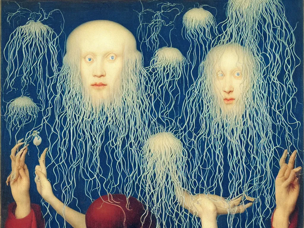 Image similar to Portrait of albino mystic with blue eyes, with exotic beautiful medusae, jellyfish. Painting by Jan van Eyck, Audubon, Rene Magritte, Agnes Pelton, Max Ernst, Walton Ford