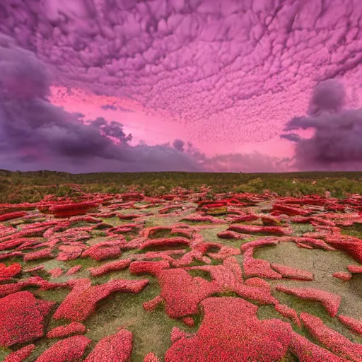 Prompt: the ruins of a giant stone brick city in a desert at night with masses of red moss growing over the city, giant pink flowers growing through the clouds, gloomy, atmospheric, sad