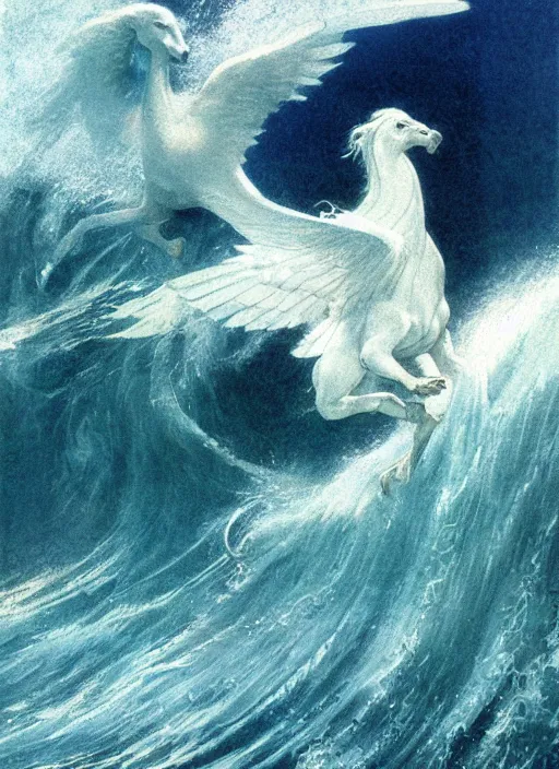 Image similar to pegasus runing through ocean wave, exquisite details, denoised, mid view, byi by alan lee, norman rockwell, makoto shinkai, kim jung giu, poster art, game art