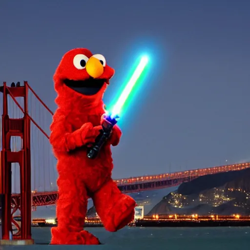Image similar to Elmo defending San Francisco from Godzilla with a lightsaber