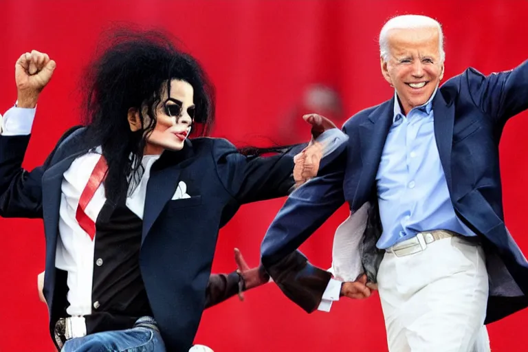 Prompt: michael jackson throws a punch at joe biden, chaotic and realistic