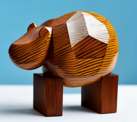 Prompt: a stylised minimalist pear shaped sculpture of hippo baby, bottom made half wood carved, top half blue translucid resin epoxy, cubic blocks stripes, side view profile centered, studio, white background