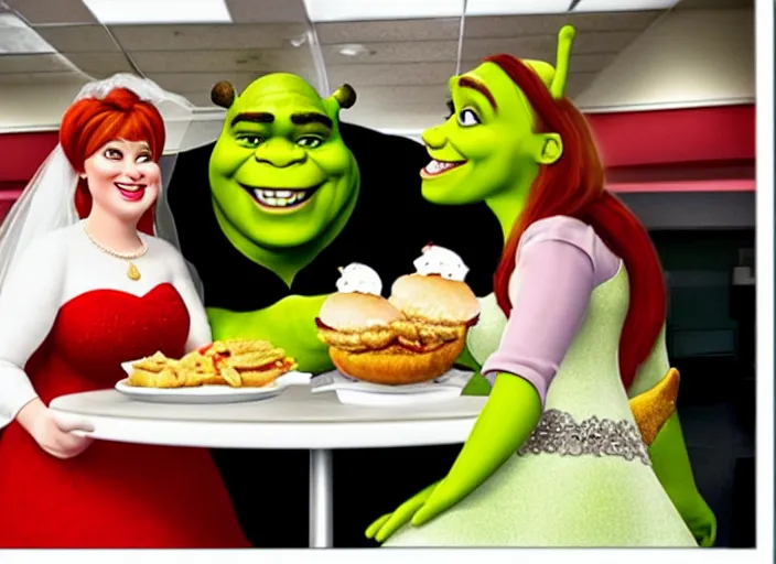 Image similar to A photograph of Shrek and Fiona eating at KFC on their wedding day.