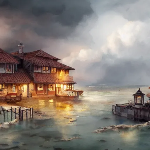 Image similar to a watercolor illustration of a cozy seaside village with a menacing storm cloud on the ocean horizon, octane render, highly detailed, masterpiece, by anthony micallef