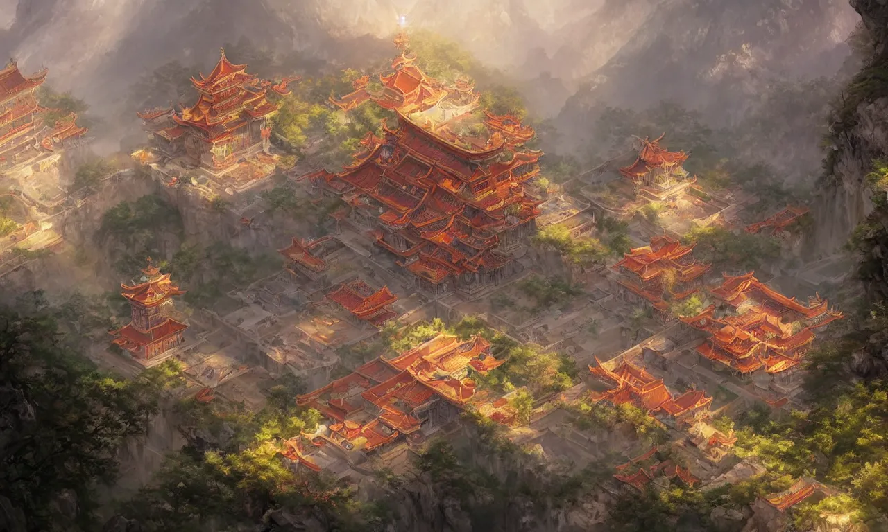 Prompt: A Chinese style splendid palace of the game concept scene original painting, super wide angle, magnificent and gorgeous atmosphere，rtx on，by Jordan Grimmer and Jonas De Ro, trending on cgsociety and artstation, unreal engine，Volumetric light，surreal