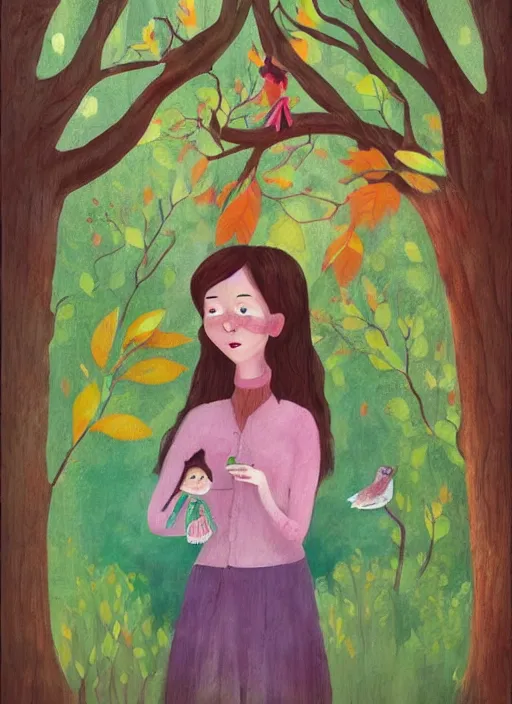 Prompt: a wonderful childrens illustration book portrait painting of a woman in the woods, art by tracie grimwood, colorful, whimsical, aesthetically pleasing and harmonious natural colors