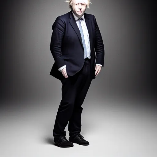 Prompt: boris Johnson standing while posing for a photo, award winning photography, HDR, studio lighting, dynamic pose, medium close shot, shot on Canon EOS R5, f/2.5,