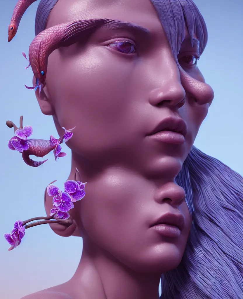 Image similar to goddess full painted acryllic sculpture close-up portrait. orchid bird betta fish, intricate artwork by Tooth Wu and wlop and beeple. octane render, trending on artstation, greg rutkowski very coherent symmetrical artwork. cinematic, hyper realism, high detail, octane render, 8k