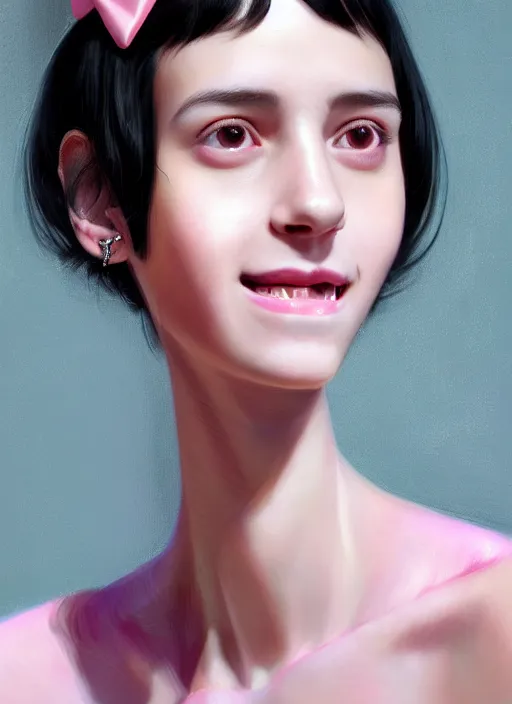 Image similar to portrait of high school girl, realistic, black hair, bangs, half updo hairstyle, pointy nose, skinny, smile, ugly, defined jawline, big chin, pink hair bow, earrings, intricate, elegant, glowing lights, highly detailed, digital painting, artstation, sharp focus, illustration, art by wlop, mars ravelo and greg rutkowski